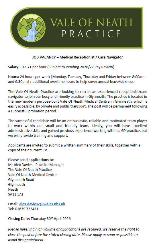 Medical Receptionist Vacancy